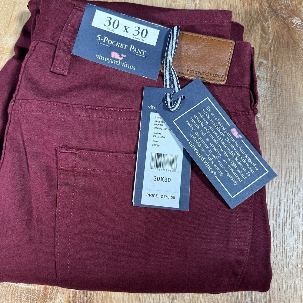 NEW Vineyard Vines Leeward Luxe 5-Pocket Pant Mens Size 30 X 30 CRIMSON $178